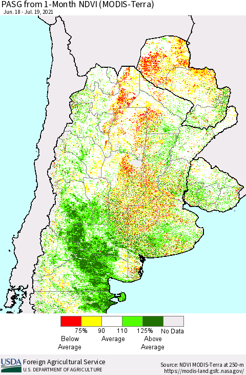 Southern South America PASG from 1-Month NDVI (Terra-MODIS) Thematic Map For 7/11/2021 - 7/20/2021
