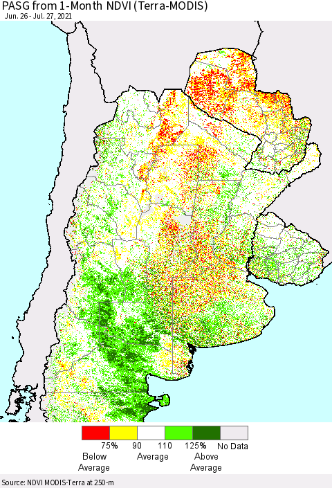 Southern South America PASG from 1-Month NDVI (Terra-MODIS) Thematic Map For 7/20/2021 - 7/27/2021