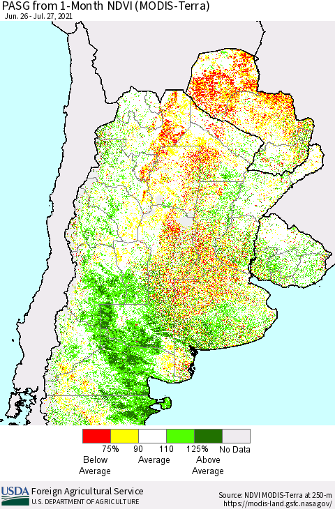 Southern South America PASG from 1-Month NDVI (Terra-MODIS) Thematic Map For 7/21/2021 - 7/31/2021
