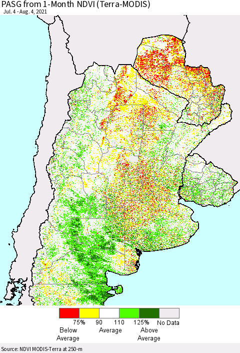 Southern South America PASG from 1-Month NDVI (Terra-MODIS) Thematic Map For 7/28/2021 - 8/4/2021
