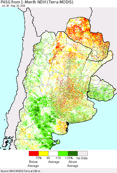 Southern South America PASG from 1-Month NDVI (Terra-MODIS) Thematic Map For 8/11/2021 - 8/20/2021