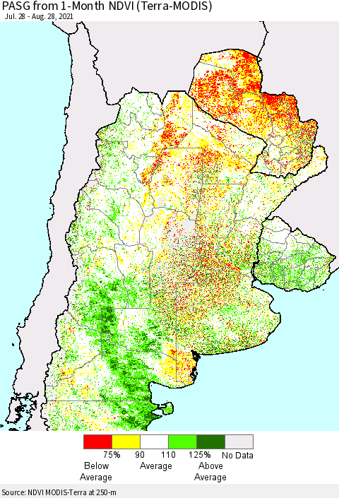Southern South America PASG from 1-Month NDVI (Terra-MODIS) Thematic Map For 8/21/2021 - 8/28/2021
