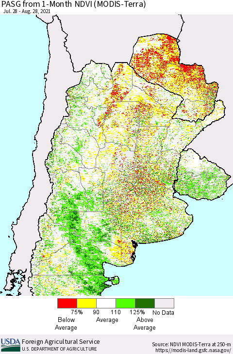 Southern South America PASG from 1-Month NDVI (Terra-MODIS) Thematic Map For 8/21/2021 - 8/31/2021