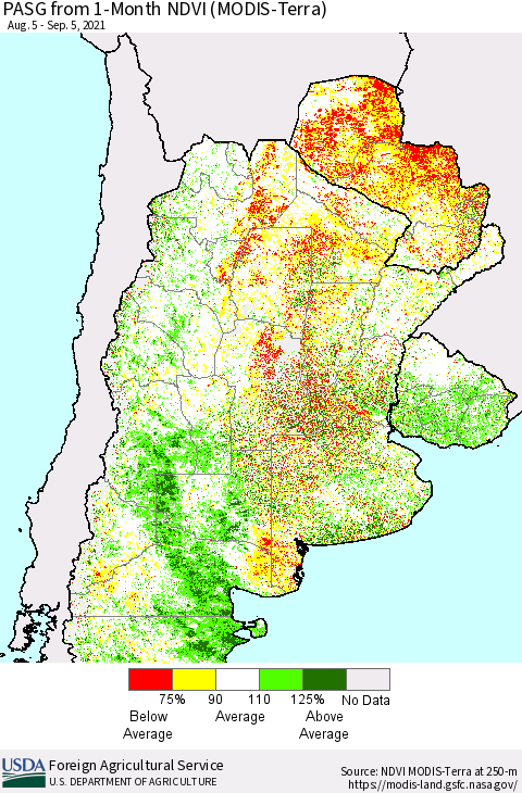 Southern South America PASG from 1-Month NDVI (Terra-MODIS) Thematic Map For 9/1/2021 - 9/10/2021