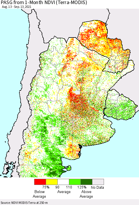 Southern South America PASG from 1-Month NDVI (Terra-MODIS) Thematic Map For 9/6/2021 - 9/13/2021