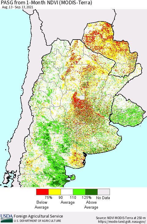 Southern South America PASG from 1-Month NDVI (Terra-MODIS) Thematic Map For 9/11/2021 - 9/20/2021