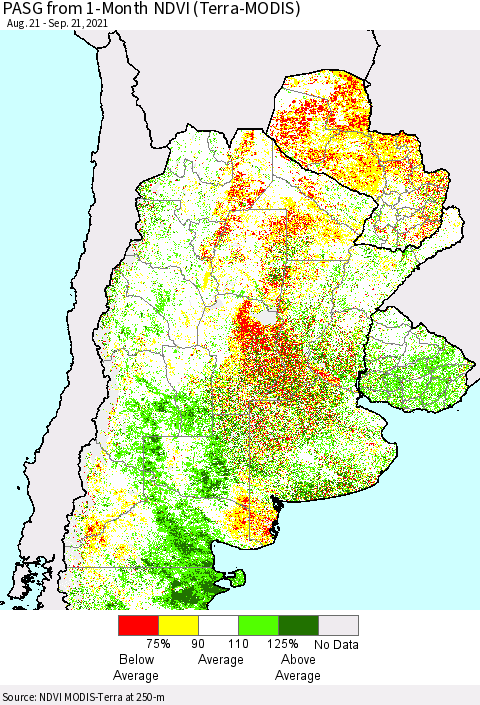 Southern South America PASG from 1-Month NDVI (Terra-MODIS) Thematic Map For 9/14/2021 - 9/21/2021