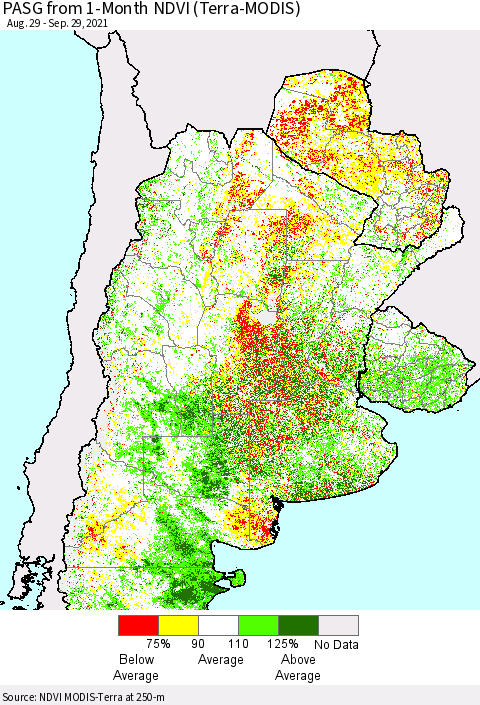 Southern South America PASG from 1-Month NDVI (Terra-MODIS) Thematic Map For 9/22/2021 - 9/29/2021