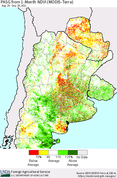 Southern South America PASG from 1-Month NDVI (Terra-MODIS) Thematic Map For 9/21/2021 - 9/30/2021