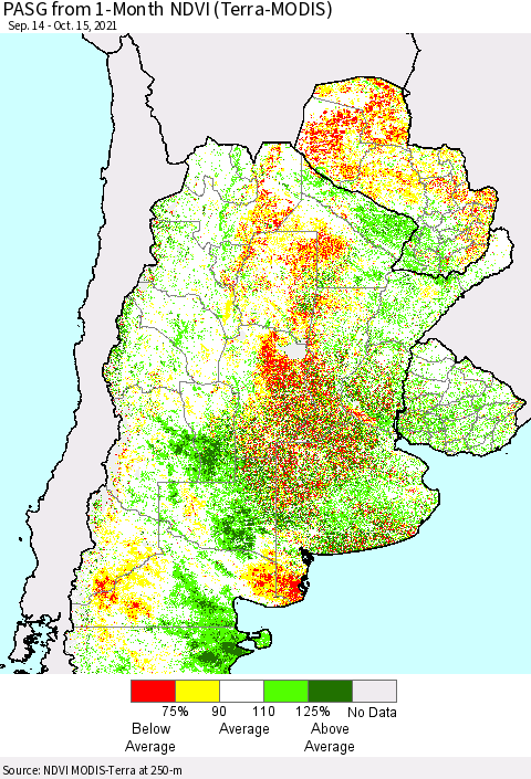 Southern South America PASG from 1-Month NDVI (Terra-MODIS) Thematic Map For 10/8/2021 - 10/15/2021