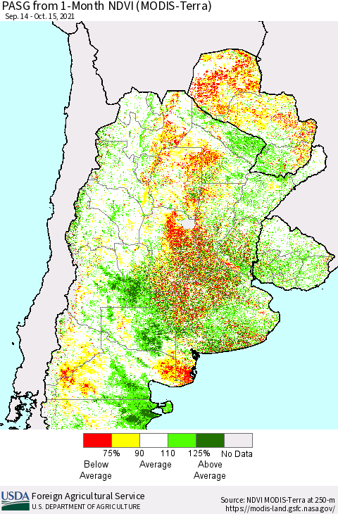 Southern South America PASG from 1-Month NDVI (Terra-MODIS) Thematic Map For 10/11/2021 - 10/20/2021