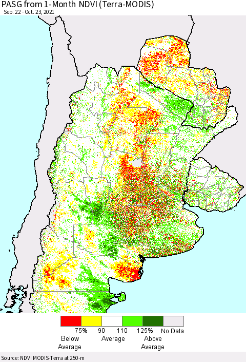 Southern South America PASG from 1-Month NDVI (Terra-MODIS) Thematic Map For 10/16/2021 - 10/23/2021