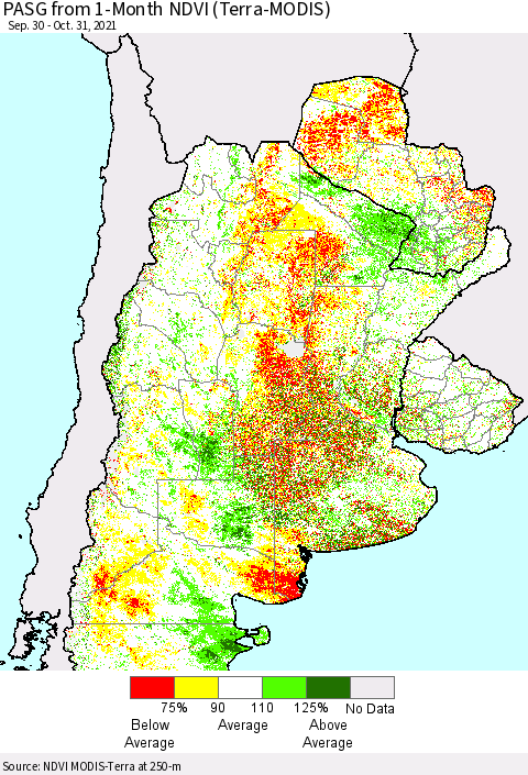 Southern South America PASG from 1-Month NDVI (Terra-MODIS) Thematic Map For 10/21/2021 - 10/31/2021