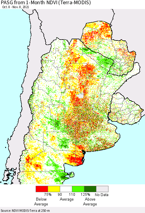 Southern South America PASG from 1-Month NDVI (Terra-MODIS) Thematic Map For 11/1/2021 - 11/8/2021