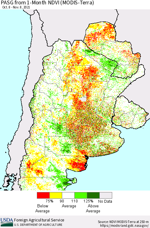 Southern South America PASG from 1-Month NDVI (Terra-MODIS) Thematic Map For 11/1/2021 - 11/10/2021