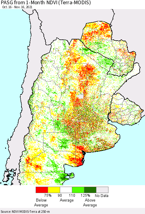 Southern South America PASG from 1-Month NDVI (Terra-MODIS) Thematic Map For 11/9/2021 - 11/16/2021