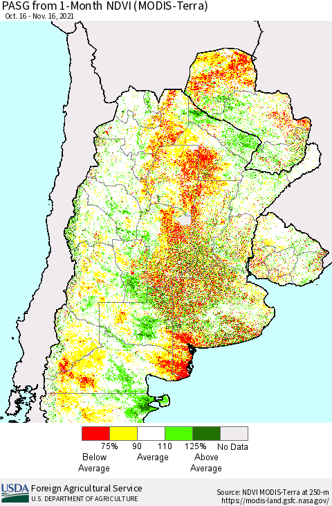 Southern South America PASG from 1-Month NDVI (Terra-MODIS) Thematic Map For 11/11/2021 - 11/20/2021