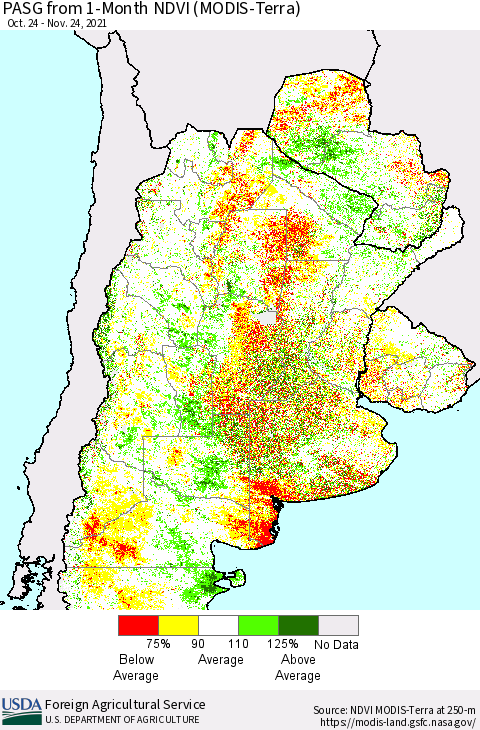 Southern South America PASG from 1-Month NDVI (Terra-MODIS) Thematic Map For 11/21/2021 - 11/30/2021