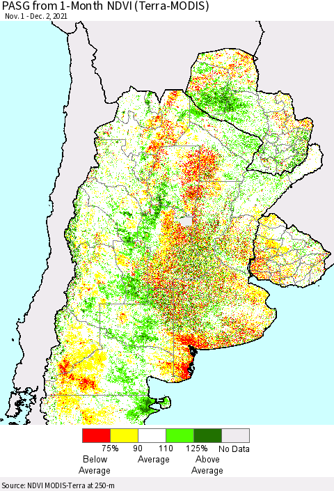 Southern South America PASG from 1-Month NDVI (Terra-MODIS) Thematic Map For 11/25/2021 - 12/2/2021
