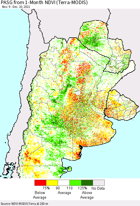 Southern South America PASG from 1-Month NDVI (Terra-MODIS) Thematic Map For 12/3/2021 - 12/10/2021