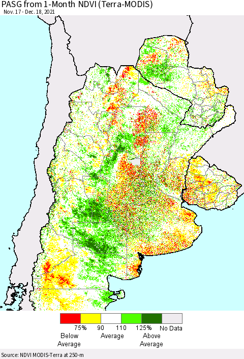 Southern South America PASG from 1-Month NDVI (Terra-MODIS) Thematic Map For 12/11/2021 - 12/18/2021