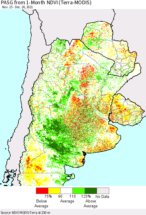 Southern South America PASG from 1-Month NDVI (Terra-MODIS) Thematic Map For 12/19/2021 - 12/26/2021