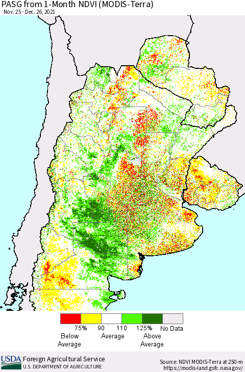 Southern South America PASG from 1-Month NDVI (Terra-MODIS) Thematic Map For 12/21/2021 - 12/31/2021