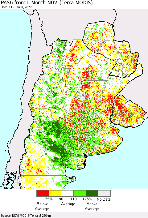 Southern South America PASG from 1-Month NDVI (Terra-MODIS) Thematic Map For 1/1/2022 - 1/8/2022