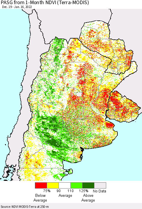 Southern South America PASG from 1-Month NDVI (Terra-MODIS) Thematic Map For 1/9/2022 - 1/16/2022