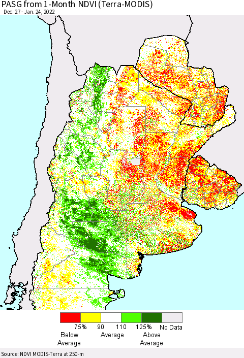 Southern South America PASG from 1-Month NDVI (Terra-MODIS) Thematic Map For 1/17/2022 - 1/24/2022