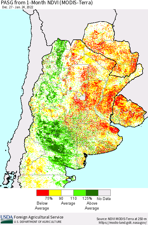 Southern South America PASG from 1-Month NDVI (Terra-MODIS) Thematic Map For 1/21/2022 - 1/31/2022