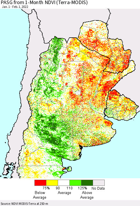 Southern South America PASG from 1-Month NDVI (Terra-MODIS) Thematic Map For 1/25/2022 - 2/1/2022