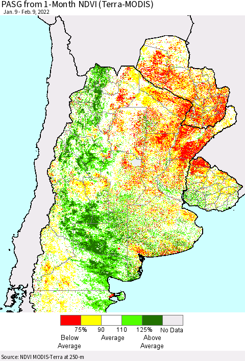 Southern South America PASG from 1-Month NDVI (Terra-MODIS) Thematic Map For 2/2/2022 - 2/9/2022