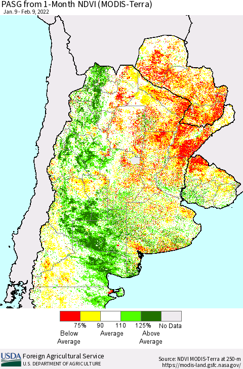 Southern South America PASG from 1-Month NDVI (Terra-MODIS) Thematic Map For 2/1/2022 - 2/10/2022