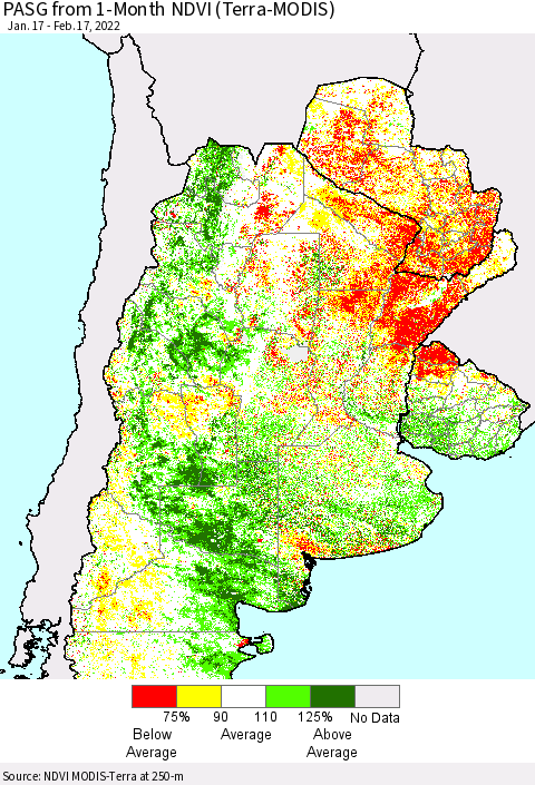 Southern South America PASG from 1-Month NDVI (Terra-MODIS) Thematic Map For 2/10/2022 - 2/17/2022