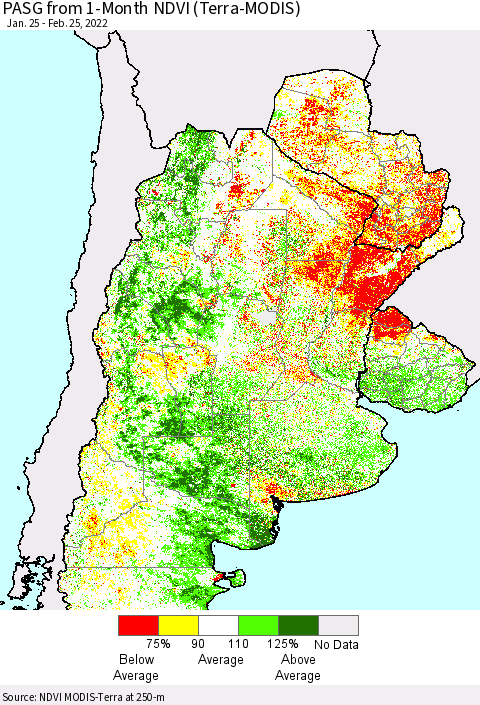 Southern South America PASG from 1-Month NDVI (Terra-MODIS) Thematic Map For 2/18/2022 - 2/25/2022