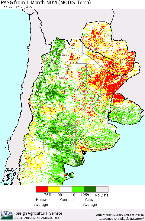 Southern South America PASG from 1-Month NDVI (Terra-MODIS) Thematic Map For 2/21/2022 - 2/28/2022