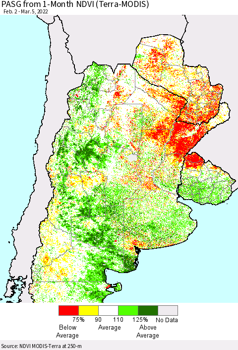 Southern South America PASG from 1-Month NDVI (Terra-MODIS) Thematic Map For 2/26/2022 - 3/5/2022