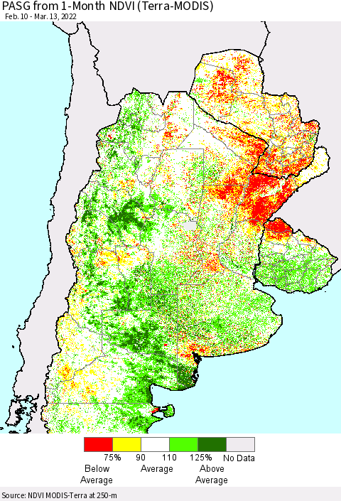 Southern South America PASG from 1-Month NDVI (Terra-MODIS) Thematic Map For 3/6/2022 - 3/13/2022
