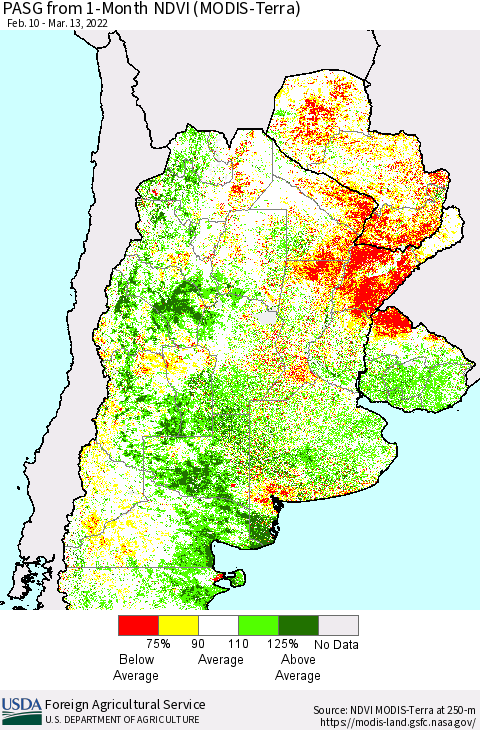 Southern South America PASG from 1-Month NDVI (Terra-MODIS) Thematic Map For 3/11/2022 - 3/20/2022