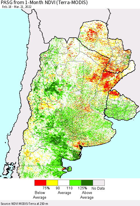 Southern South America PASG from 1-Month NDVI (Terra-MODIS) Thematic Map For 3/14/2022 - 3/21/2022