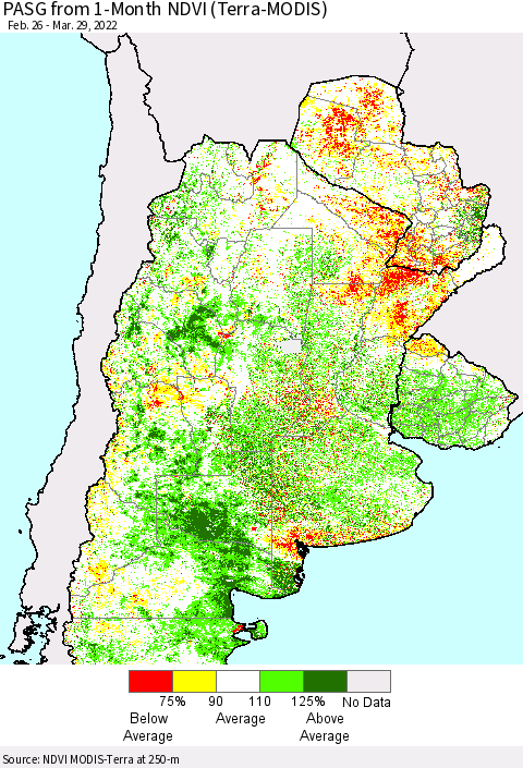 Southern South America PASG from 1-Month NDVI (Terra-MODIS) Thematic Map For 3/22/2022 - 3/29/2022