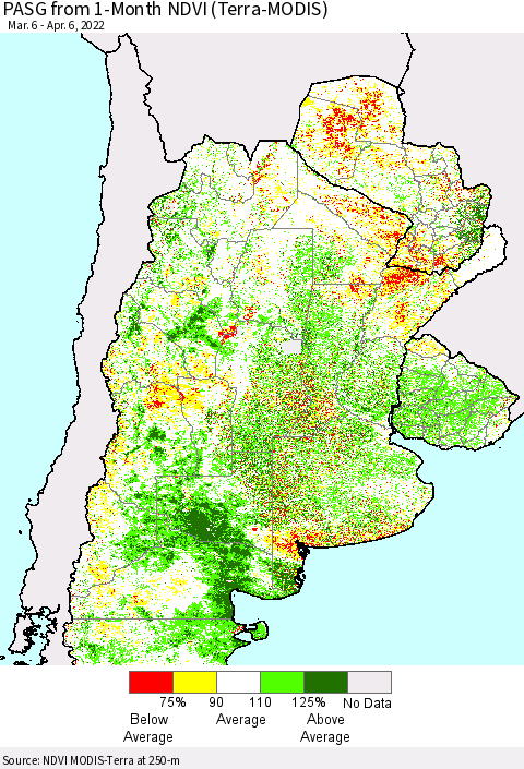 Southern South America PASG from 1-Month NDVI (Terra-MODIS) Thematic Map For 3/30/2022 - 4/6/2022