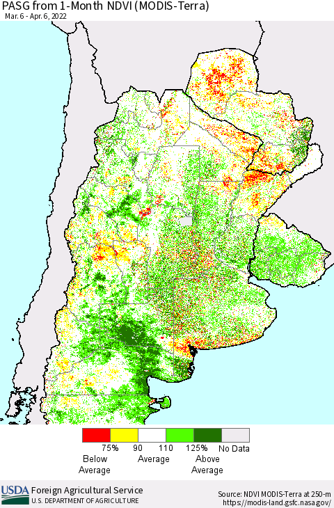 Southern South America PASG from 1-Month NDVI (Terra-MODIS) Thematic Map For 4/1/2022 - 4/10/2022