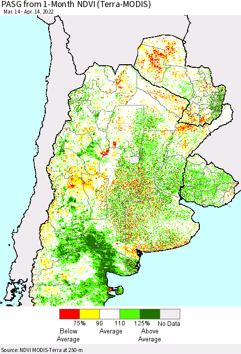 Southern South America PASG from 1-Month NDVI (Terra-MODIS) Thematic Map For 4/7/2022 - 4/14/2022