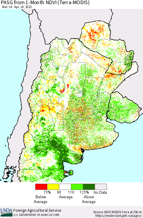 Southern South America PASG from 1-Month NDVI (Terra-MODIS) Thematic Map For 4/11/2022 - 4/20/2022