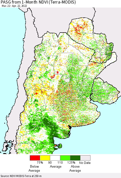 Southern South America PASG from 1-Month NDVI (Terra-MODIS) Thematic Map For 4/15/2022 - 4/22/2022