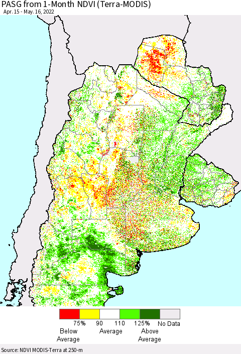 Southern South America PASG from 1-Month NDVI (Terra-MODIS) Thematic Map For 5/9/2022 - 5/16/2022