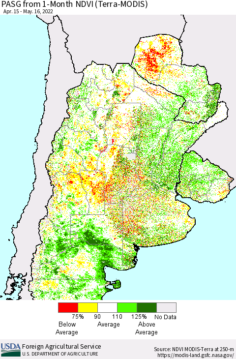 Southern South America PASG from 1-Month NDVI (Terra-MODIS) Thematic Map For 5/11/2022 - 5/20/2022