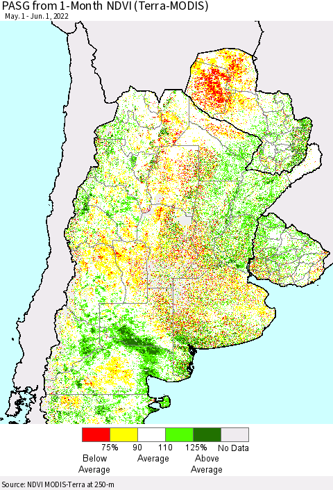 Southern South America PASG from 1-Month NDVI (Terra-MODIS) Thematic Map For 5/25/2022 - 6/1/2022